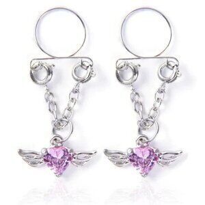 Sexy Pink Heart Dangle Nipple Ring, Non Piercing, Adjustable, Pair